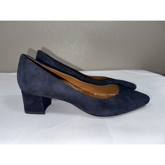 Aquatalia Pasha Size 8.5 Navy Blue Suede Block High Heel Pumps Pointy Toe Shoes - Picture 3 of 11